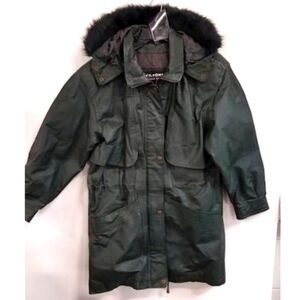 Vintage women's forest green leather trench with removable fur hood, size M